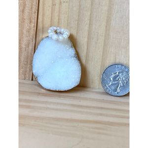 White Quartz Druzy Pendant Seed Pearl Bale Gold Tone Edging SZ 2.5" W x 2.75" L
